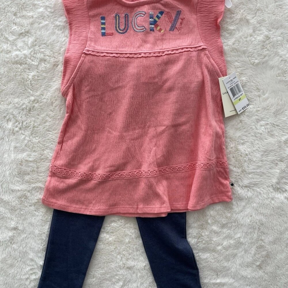SALE! NEW Lucky Brand Girls Pink Ruffle Tank and Blue Leggings Set - 4T NWT